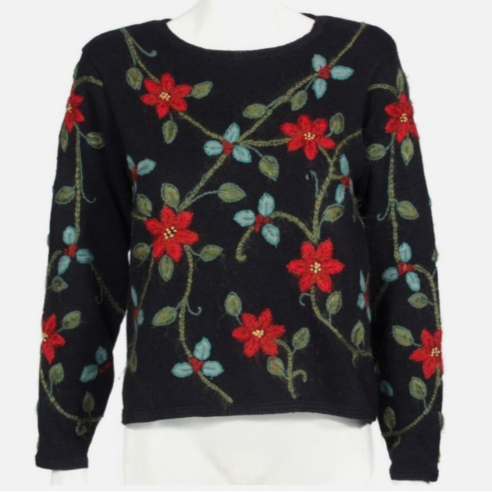 Vtg Northern Isles sz L Black Exquisite Needlework Mohair/Blend‎ XMAS Sweater